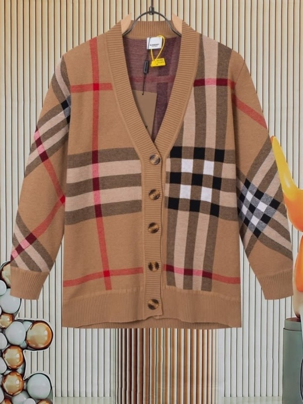 Plaid Button-Front Camel Cardigan Sweater